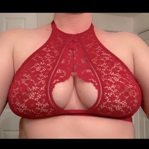Sexy Keyhole High Neck Halter VS Red Stretch Lace Bralette Bra Large 34B-36C